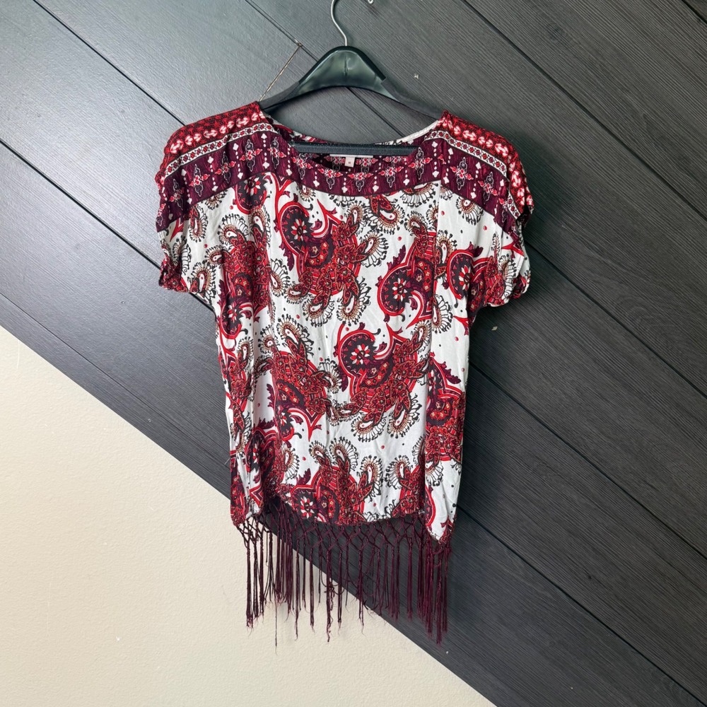 Rose & Thyme Women's Paisley Fringe Boho Top Medium Burgundy Ivory Rayon
